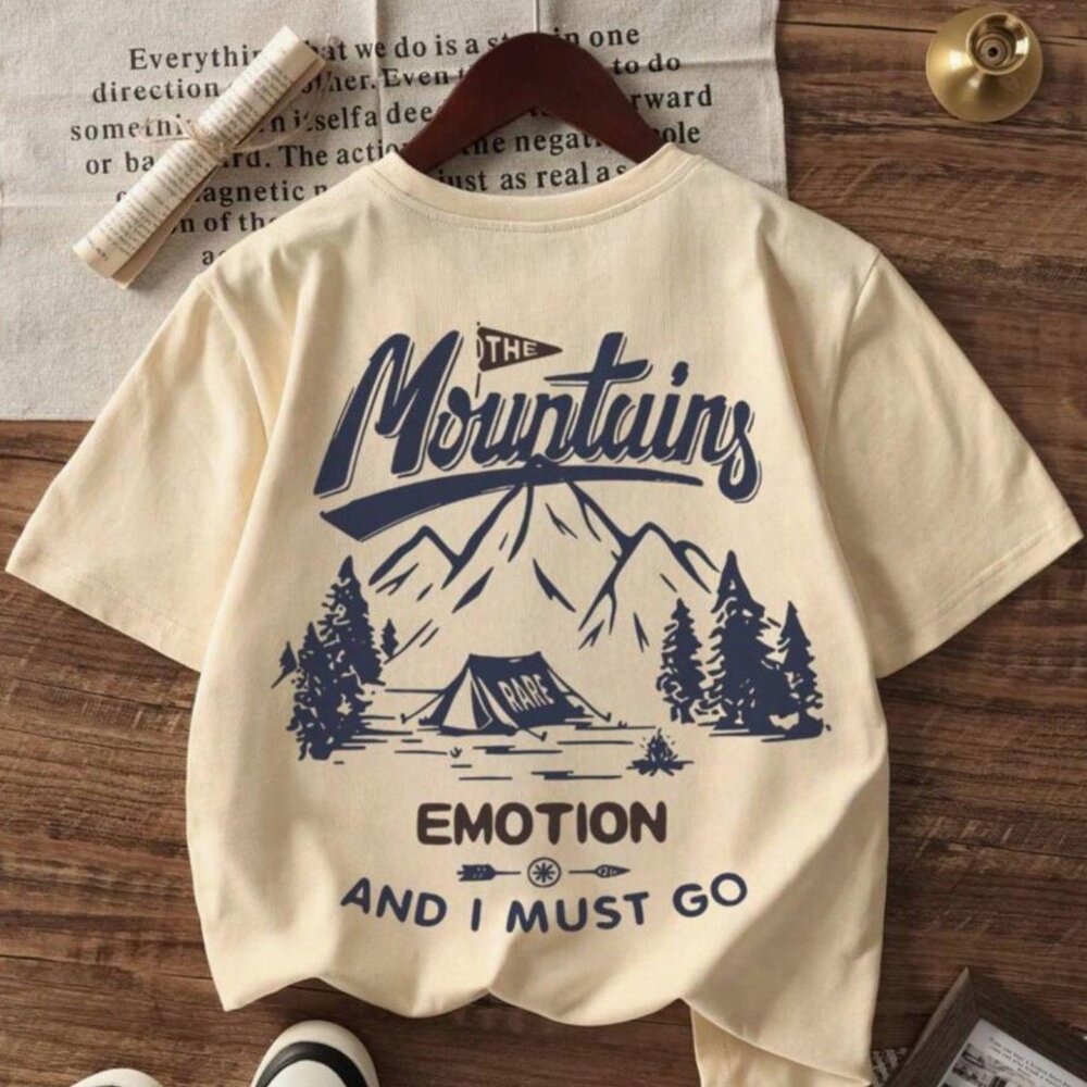 Men's Summer Slogan & Mountains Print Round Neck Short Sleeve Casual T-Shirt